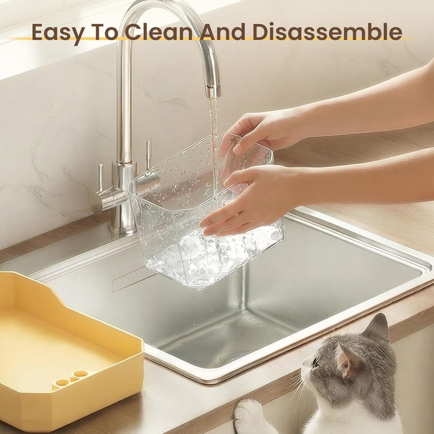 Cute Small Cat Water Fountain 1.5L,Transparent Detachable Tank,Quiet Pump & LED Light,Easy Clean Portable Pet Water Dispenser for Car Indoor Travel,Mini Dog Cat Drinking Fountain Gifts,Yellow