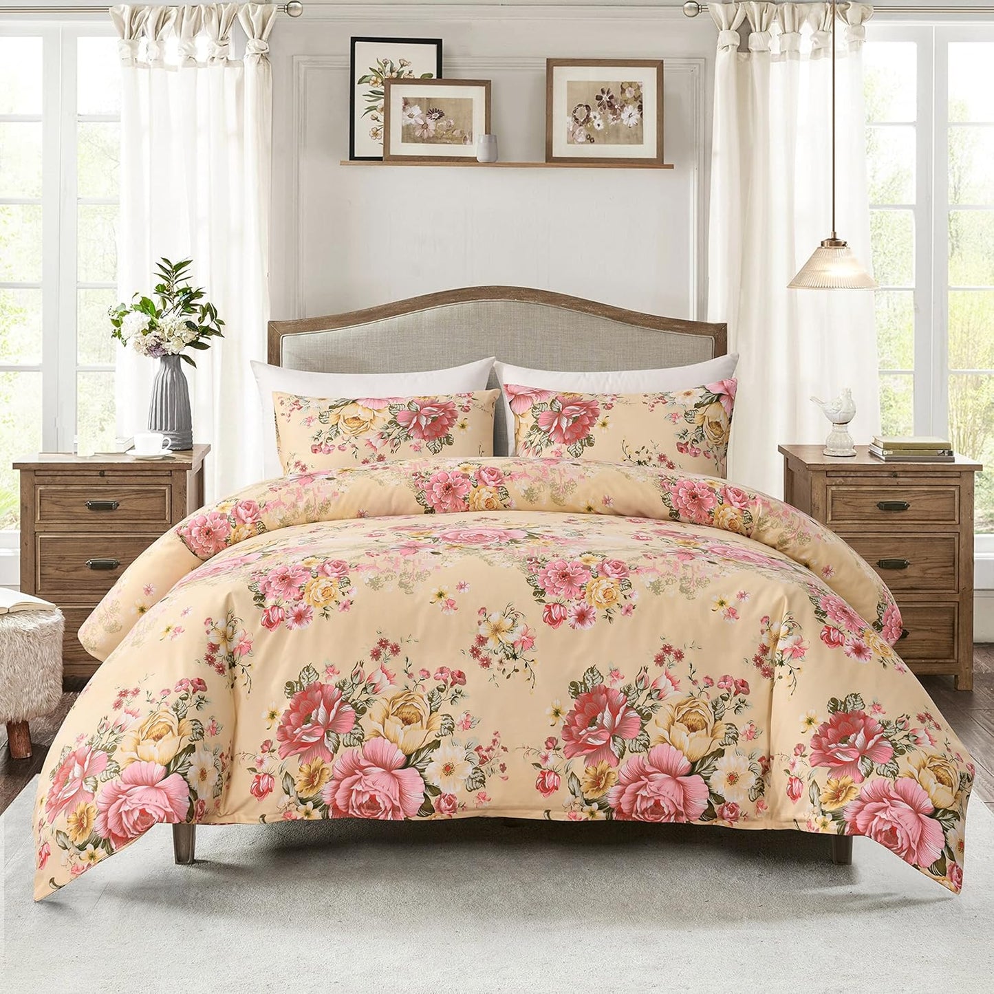 Vintage Floral Comforter Set Queen Garden Yellow Flower Duvet Cover Full 90"x 90" Duvet Cover and 2 Pillow Shams Microfiber Soft Lightweight 3 Pieces Farmhouse Bedding Set