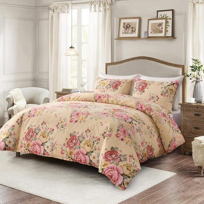 Vintage Floral Comforter Set Queen Garden Yellow Flower Duvet Cover Full 90"x 90" Duvet Cover and 2 Pillow Shams Microfiber Soft Lightweight 3 Pieces Farmhouse Bedding Set
