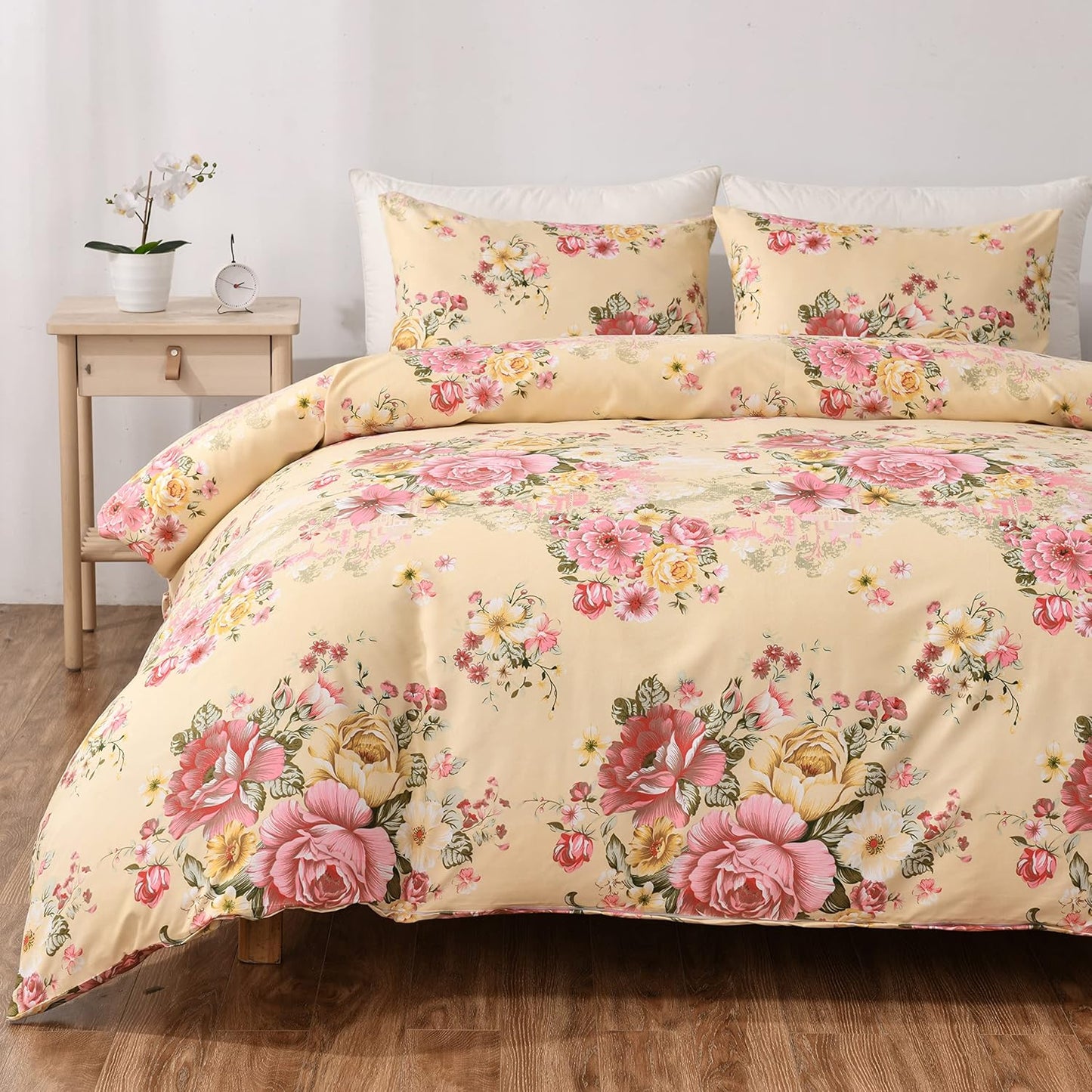 Vintage Floral Comforter Set Queen Garden Yellow Flower Duvet Cover Full 90"x 90" Duvet Cover and 2 Pillow Shams Microfiber Soft Lightweight 3 Pieces Farmhouse Bedding Set