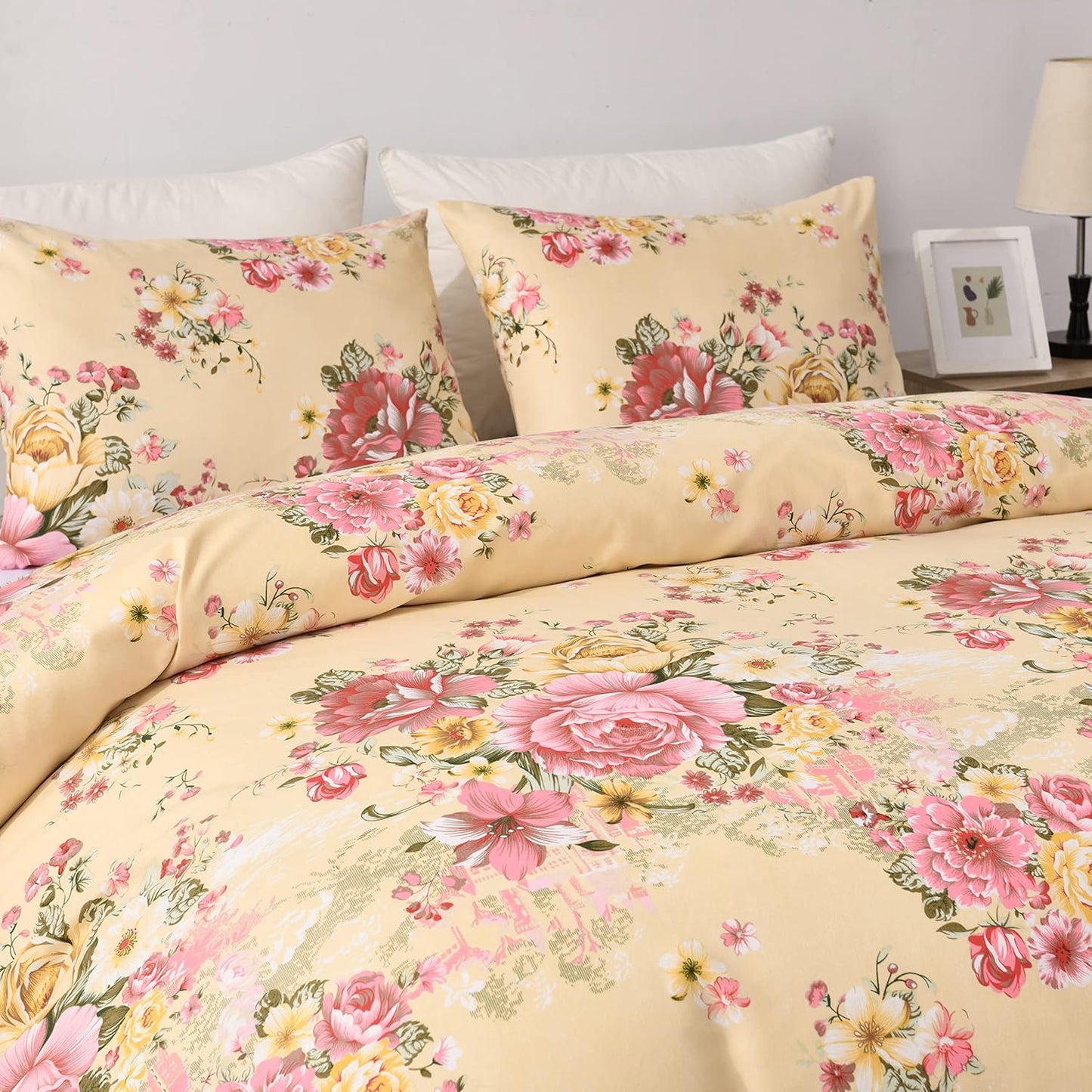 Vintage Floral Comforter Set Queen Garden Yellow Flower Duvet Cover Full 90"x 90" Duvet Cover and 2 Pillow Shams Microfiber Soft Lightweight 3 Pieces Farmhouse Bedding Set
