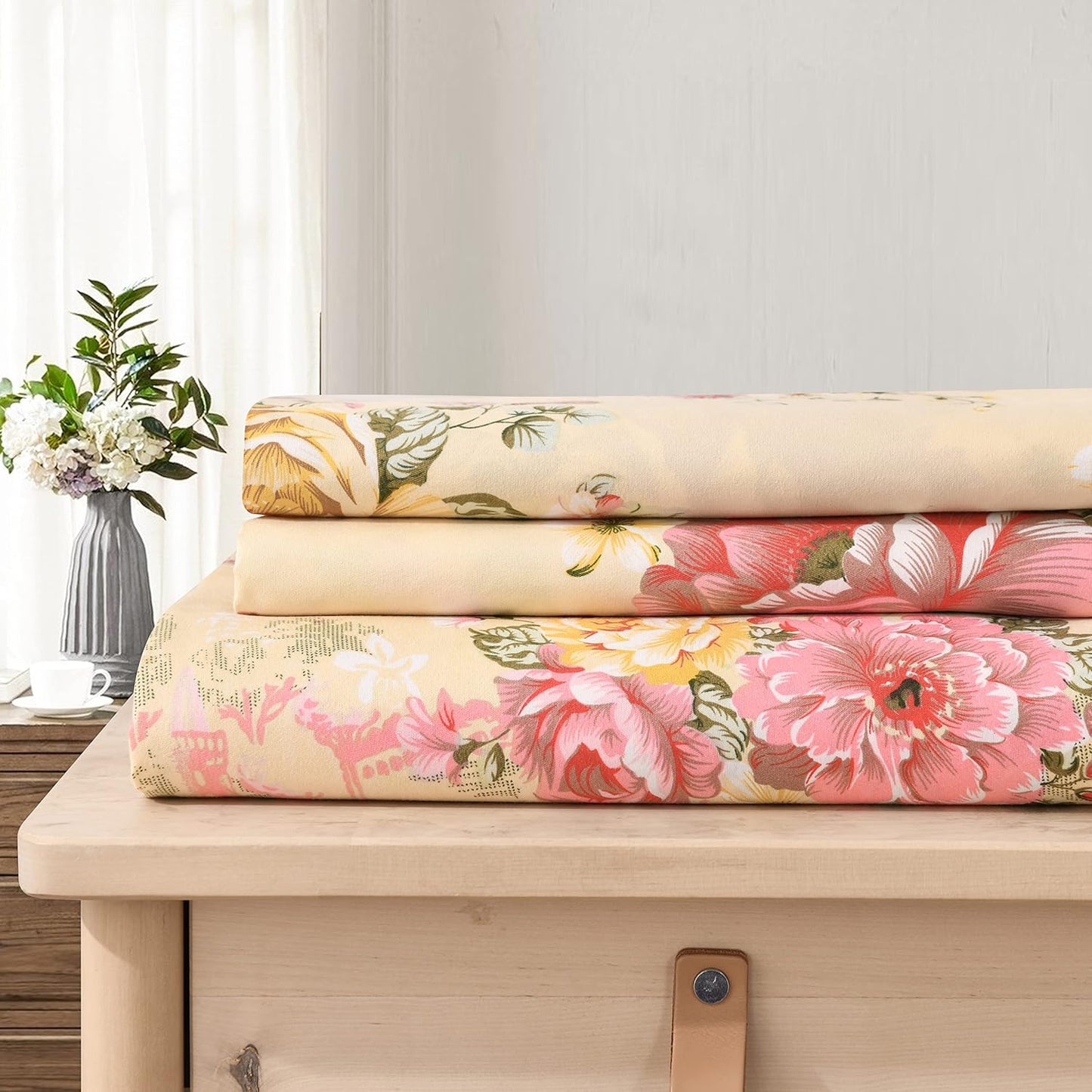 Vintage Floral Comforter Set Queen Garden Yellow Flower Duvet Cover Full 90"x 90" Duvet Cover and 2 Pillow Shams Microfiber Soft Lightweight 3 Pieces Farmhouse Bedding Set