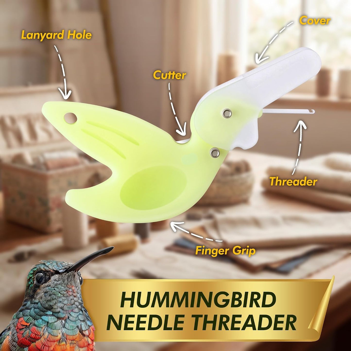 3 Pack Hummingbird Needle Threader for Hand Sewing | with Thread Cutter, Guides the Thread Through Needle Eye Quickly, Easy to Hold, with Hinged Protective Cap for Safe Storage