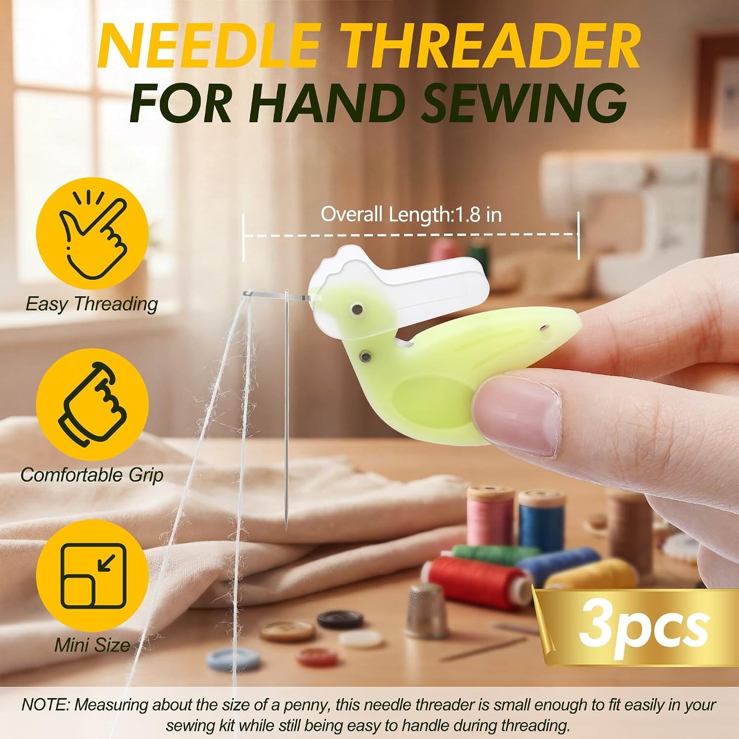 3 Pack Hummingbird Needle Threader for Hand Sewing | with Thread Cutter, Guides the Thread Through Needle Eye Quickly, Easy to Hold, with Hinged Protective Cap for Safe Storage