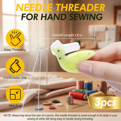 3 Pack Hummingbird Needle Threader for Hand Sewing | with Thread Cutter, Guides the Thread Through Needle Eye Quickly, Easy to Hold, with Hinged Protective Cap for Safe Storage