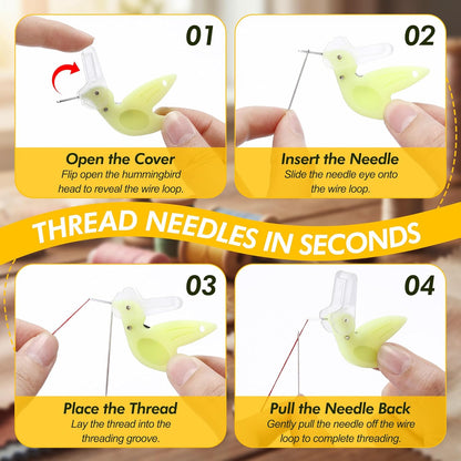 3 Pack Hummingbird Needle Threader for Hand Sewing | with Thread Cutter, Guides the Thread Through Needle Eye Quickly, Easy to Hold, with Hinged Protective Cap for Safe Storage