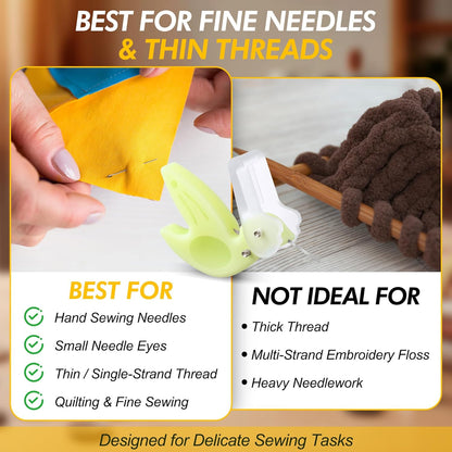 3 Pack Hummingbird Needle Threader for Hand Sewing | with Thread Cutter, Guides the Thread Through Needle Eye Quickly, Easy to Hold, with Hinged Protective Cap for Safe Storage