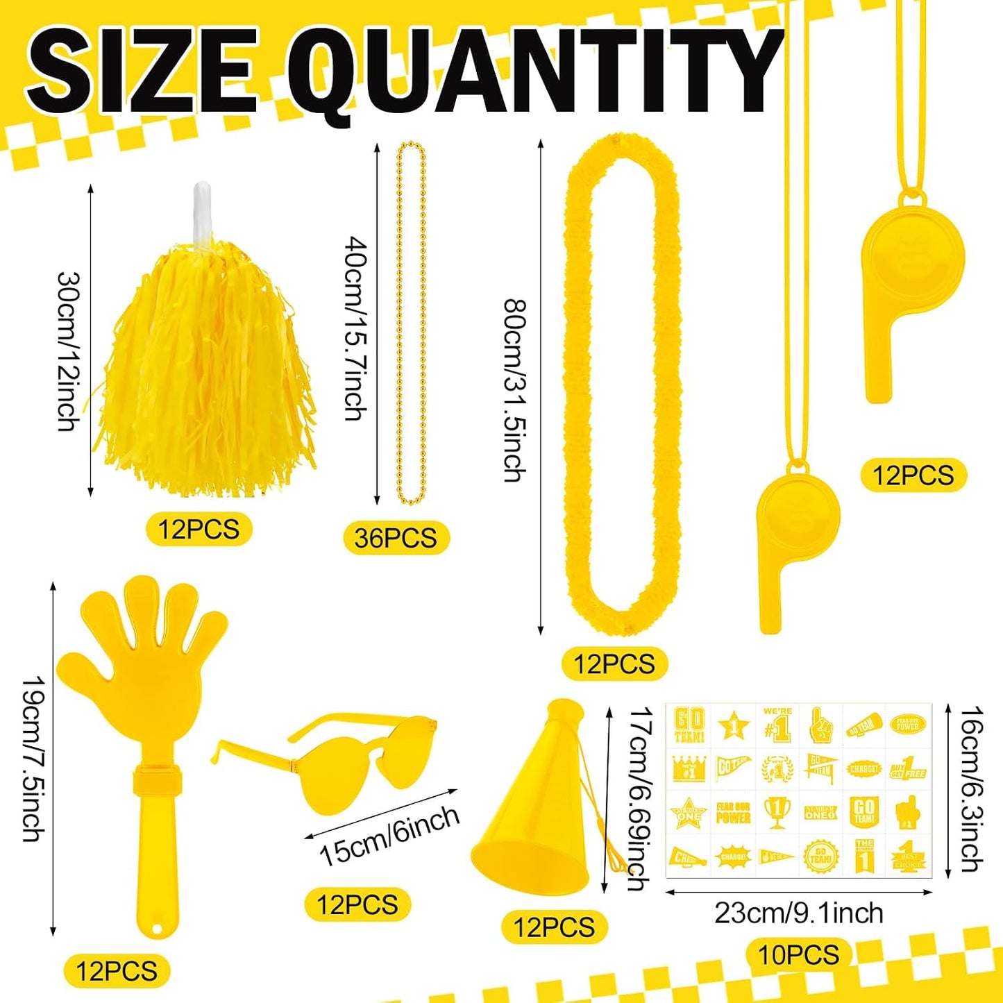 360 Pcs Yellow Team Spirit Accessories Bulk Field Day Accessories Pep Rally Color War Camp Spirit Events Party Items Cheerleading Pom Poms Clappers Thunder Stick Whistle Megaphone