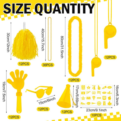 360 Pcs Yellow Team Spirit Accessories Bulk Field Day Accessories Pep Rally Color War Camp Spirit Events Party Items Cheerleading Pom Poms Clappers Thunder Stick Whistle Megaphone