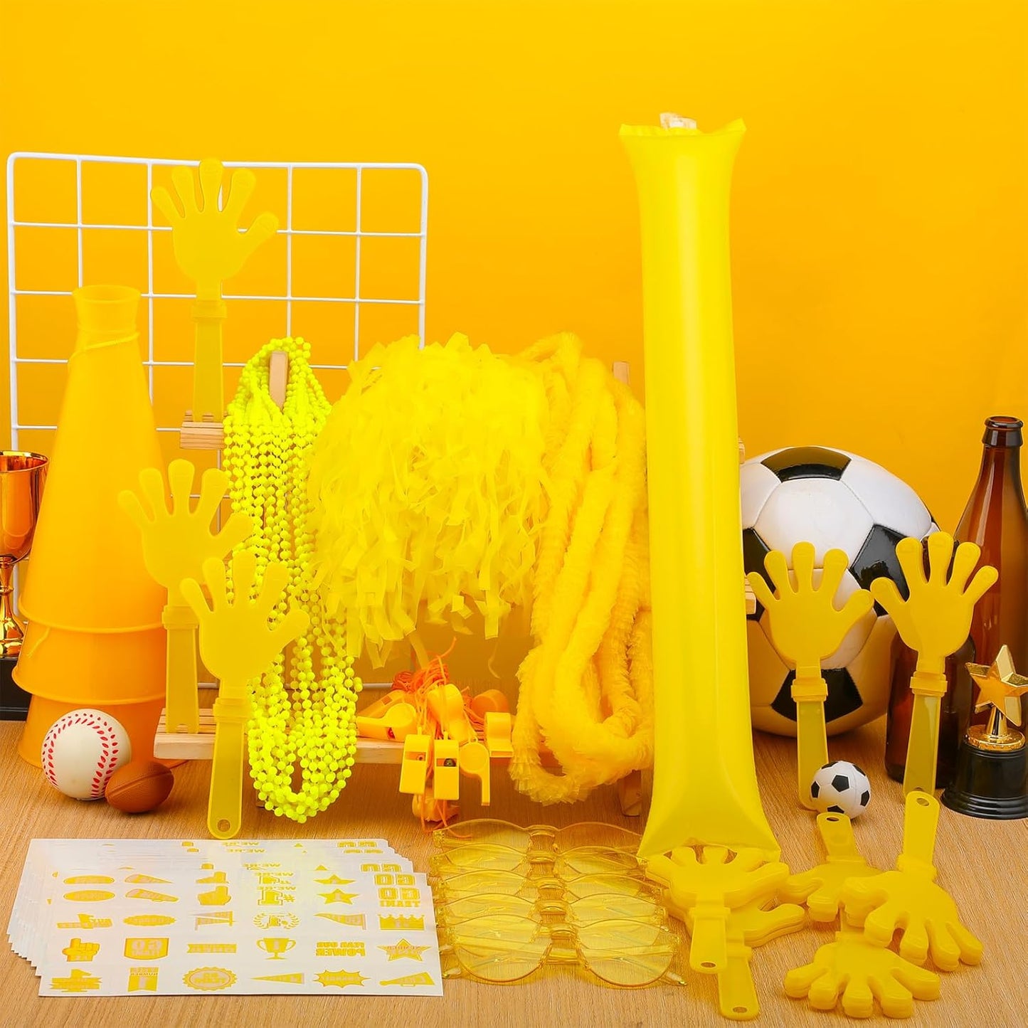 360 Pcs Yellow Team Spirit Accessories Bulk Field Day Accessories Pep Rally Color War Camp Spirit Events Party Items Cheerleading Pom Poms Clappers Thunder Stick Whistle Megaphone
