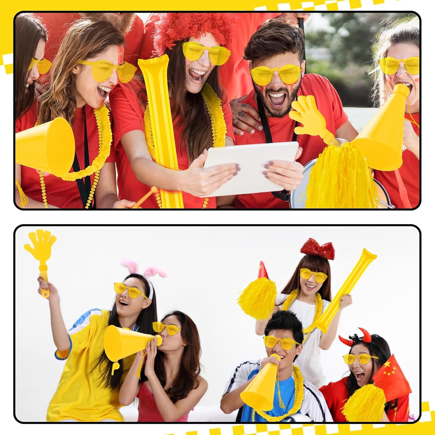 360 Pcs Yellow Team Spirit Accessories Bulk Field Day Accessories Pep Rally Color War Camp Spirit Events Party Items Cheerleading Pom Poms Clappers Thunder Stick Whistle Megaphone
