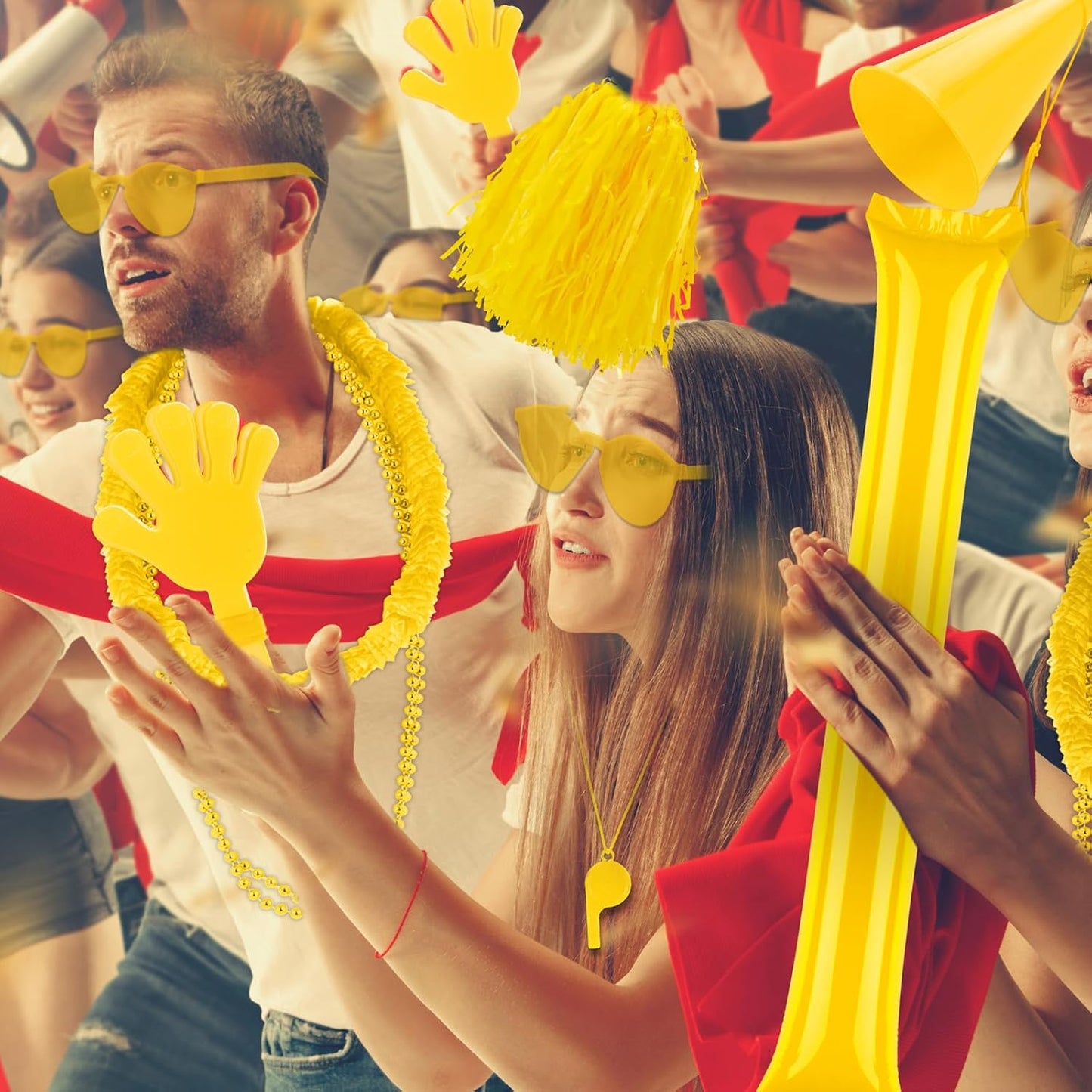 360 Pcs Yellow Team Spirit Accessories Bulk Field Day Accessories Pep Rally Color War Camp Spirit Events Party Items Cheerleading Pom Poms Clappers Thunder Stick Whistle Megaphone
