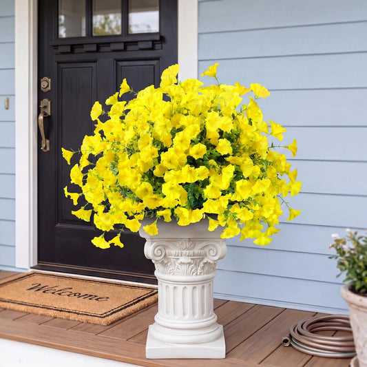 Artificial Flowers for Outdoors 12 Bundles Realistic Faux Plants UV Resistant Fake Silk Morning Glory with Eucalyptus for Front Door Planter Patio Porch Outside Spring Summer Decoration (Yellow)