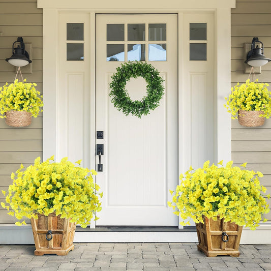 Artificial Flowers for Outdoors 12 Bundles Realistic Faux Plants UV Resistant Fake Silk Morning Glory with Eucalyptus for Front Door Planter Patio Porch Outside Spring Summer Decoration (Yellow)