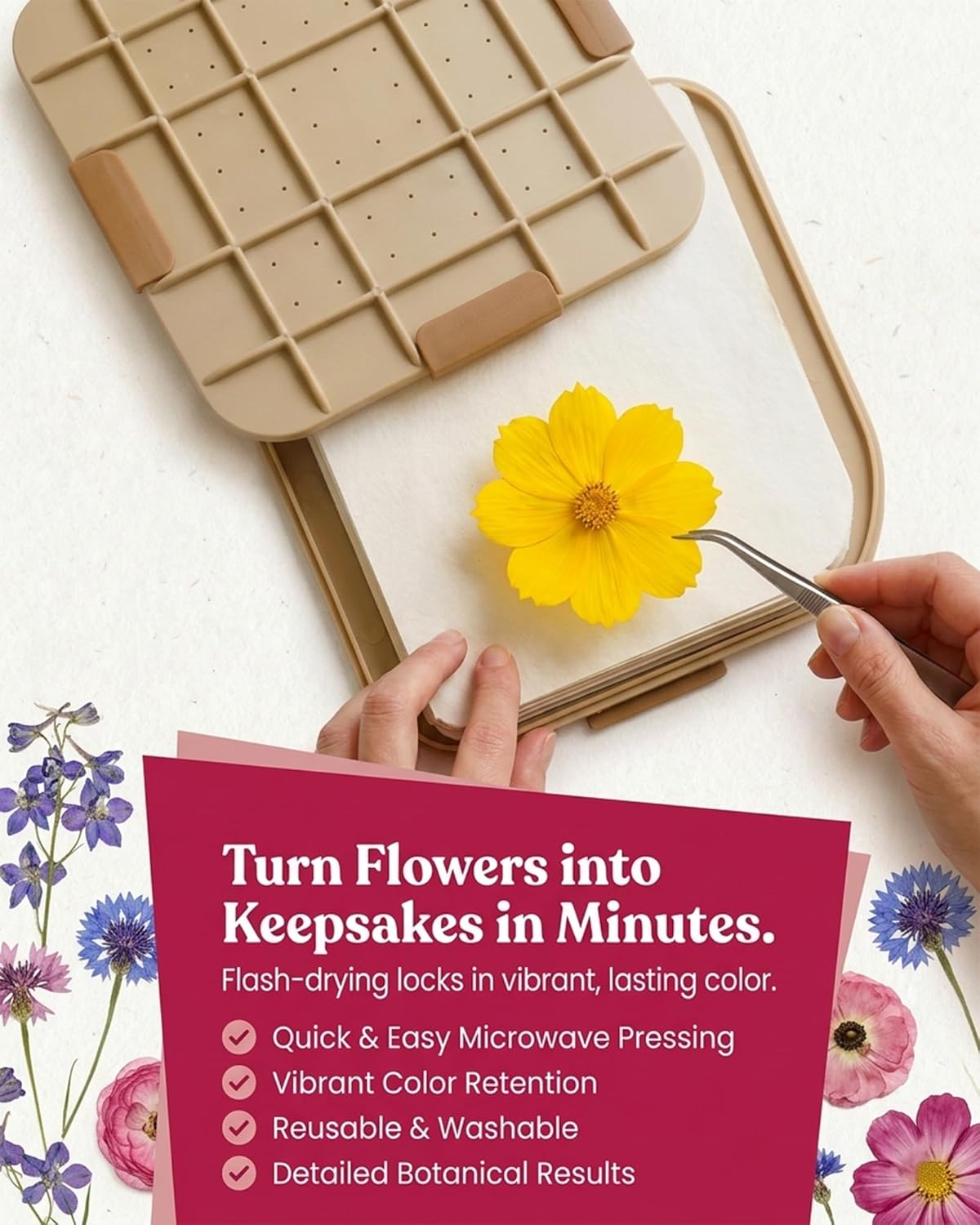 Microwave Craft Flower Preservation Press Portable Kit, 9 inch | Quick & Easy, for Pressed Blooms & Leaves, DIY Washable Absorbent Cloth for Plant Lovers, Reusable Components, Fast Drying
