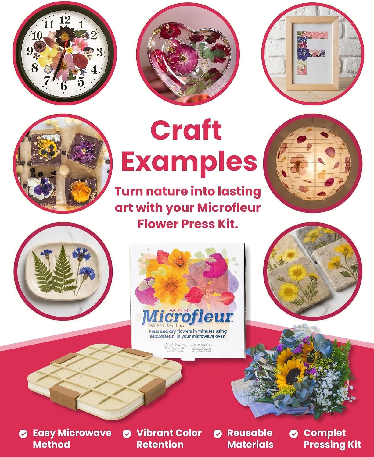 Microwave Craft Flower Preservation Press Portable Kit, 9 inch | Quick & Easy, for Pressed Blooms & Leaves, DIY Washable Absorbent Cloth for Plant Lovers, Reusable Components, Fast Drying