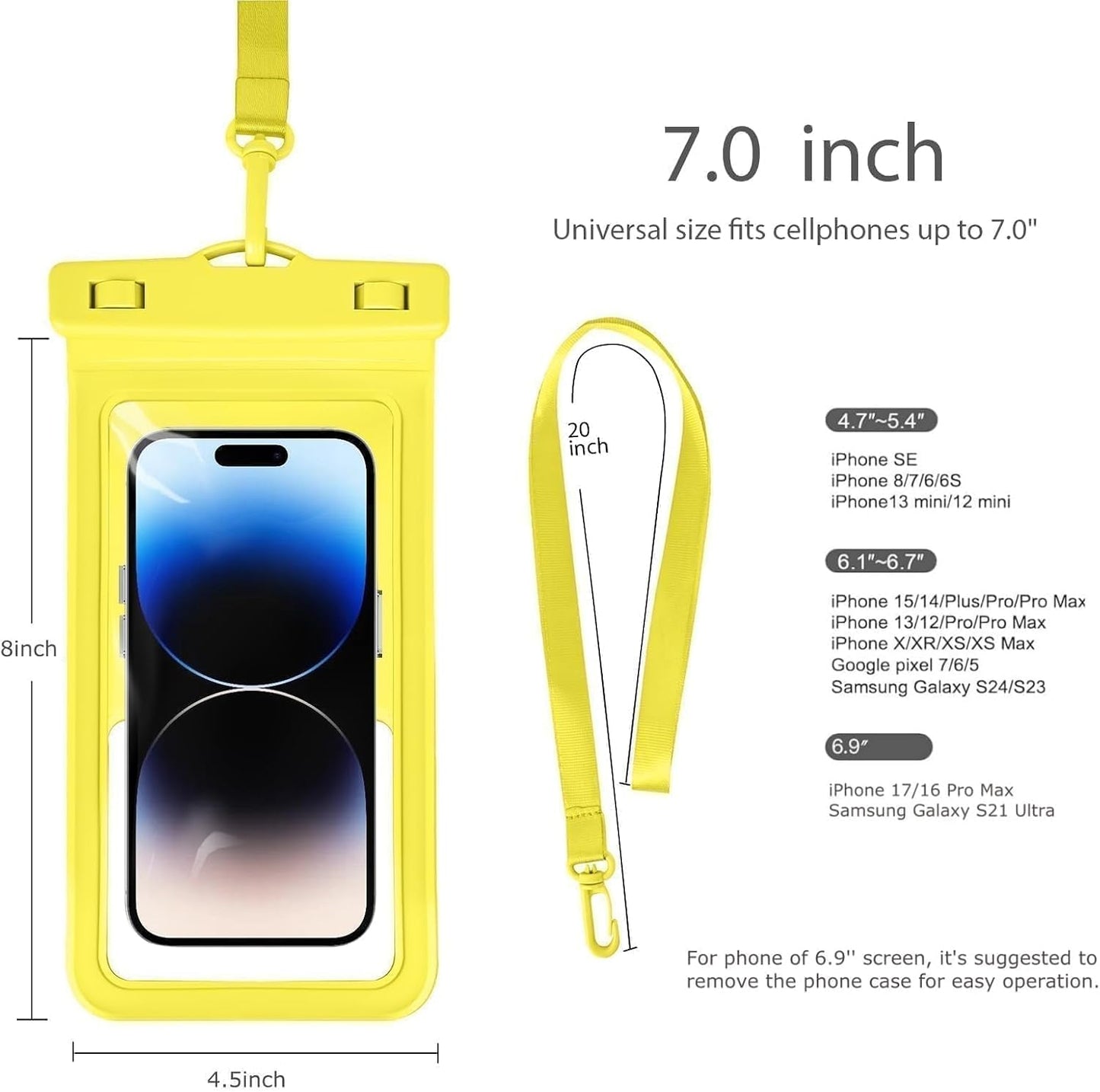 Waterproof Phone Pouch, with Inside Card Holder, Large Waterproof Case Compatible with iPhone 17 16 15 14 13 Pro Max, Beach Cruise Essentials, 1 Pack, Yellow