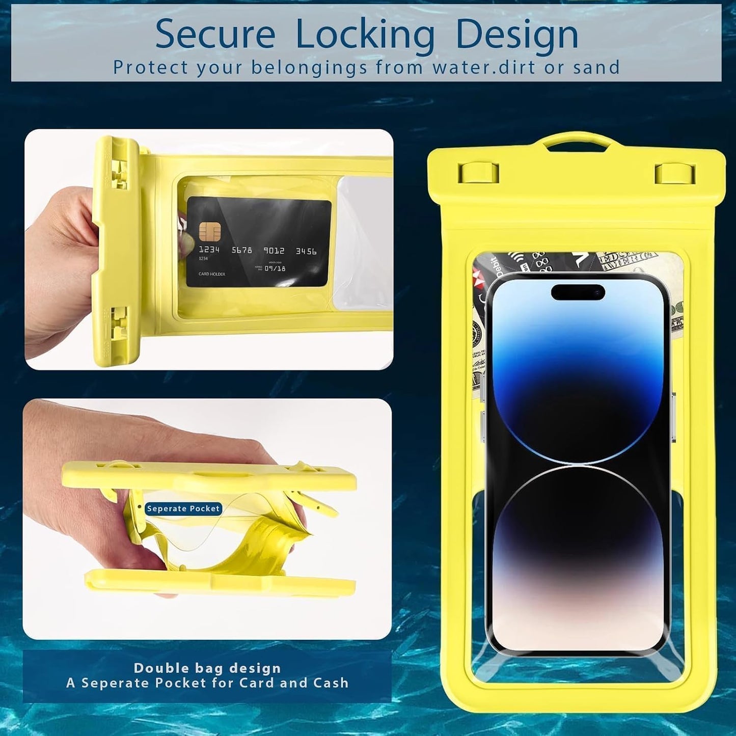 Waterproof Phone Pouch, with Inside Card Holder, Large Waterproof Case Compatible with iPhone 17 16 15 14 13 Pro Max, Beach Cruise Essentials, 1 Pack, Yellow