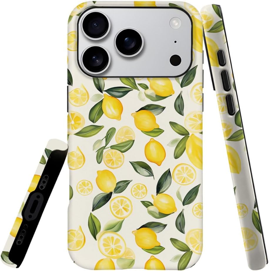 Case Compatible with iPhone 17 Pro,Hybrid 2-Layer Hard Shell,Shockproof Soft for Girl Women,Watercolor Lemons Leaves Pattern