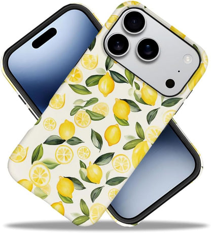 Case Compatible with iPhone 17 Pro,Hybrid 2-Layer Hard Shell,Shockproof Soft for Girl Women,Watercolor Lemons Leaves Pattern