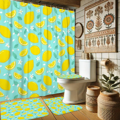 Lemon Shower Curtain Sets, Summer Tropical Lemon Flower Summer Yellow Waterproof Fabric Bathroom Sets with Shower Curtain and Rugs for Bathtub Toile Guest Room Decor 72x72 Inch