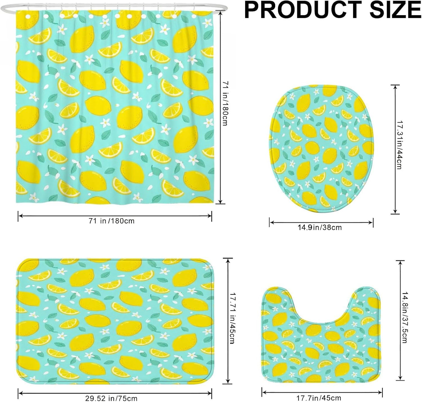 Lemon Shower Curtain Sets, Summer Tropical Lemon Flower Summer Yellow Waterproof Fabric Bathroom Sets with Shower Curtain and Rugs for Bathtub Toile Guest Room Decor 72x72 Inch