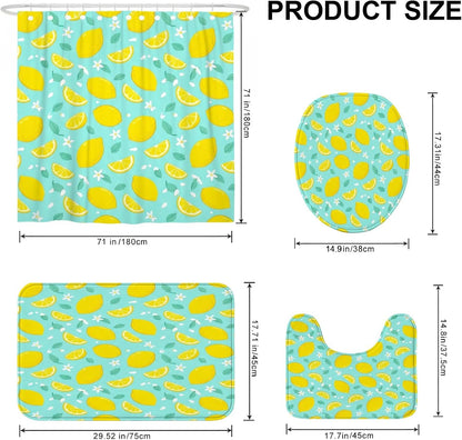 Lemon Shower Curtain Sets, Summer Tropical Lemon Flower Summer Yellow Waterproof Fabric Bathroom Sets with Shower Curtain and Rugs for Bathtub Toile Guest Room Decor 72x72 Inch