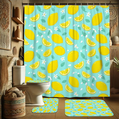 Lemon Shower Curtain Sets, Summer Tropical Lemon Flower Summer Yellow Waterproof Fabric Bathroom Sets with Shower Curtain and Rugs for Bathtub Toile Guest Room Decor 72x72 Inch