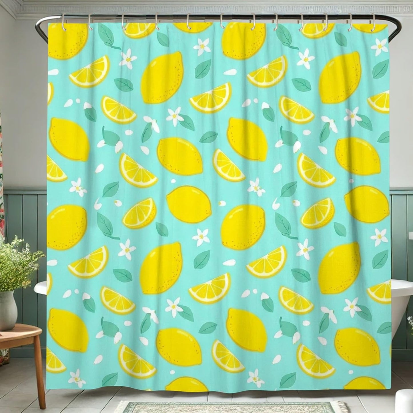 Lemon Shower Curtain Sets, Summer Tropical Lemon Flower Summer Yellow Waterproof Fabric Bathroom Sets with Shower Curtain and Rugs for Bathtub Toile Guest Room Decor 72x72 Inch