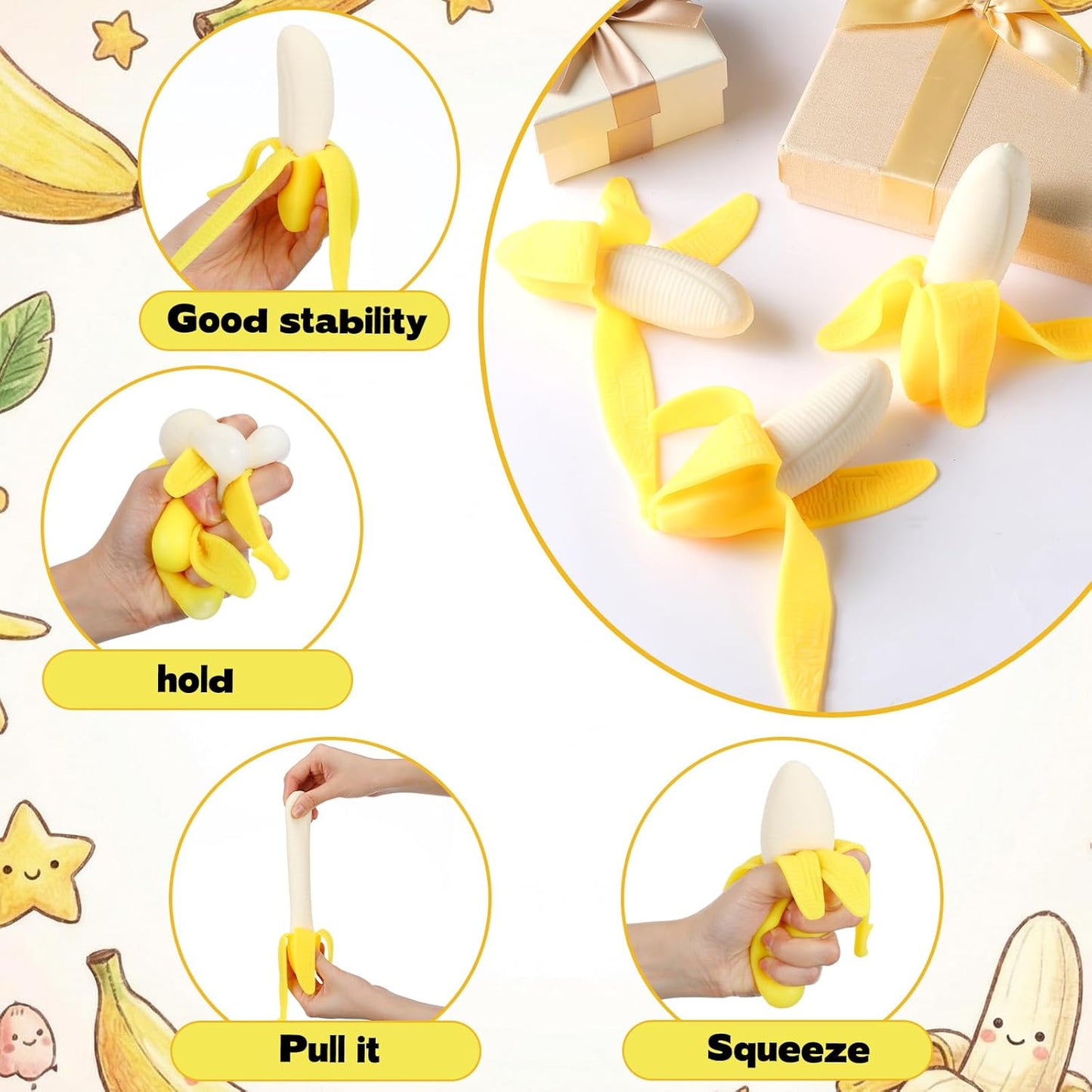12 Pcs Banana Stress Balls for Adults Mini Banana Party Favors | Banana Sensory Squeeze Balls Soft Fidgets for Christmas Stocking Stuffer Gifts, Stress Relief & Sensory Play