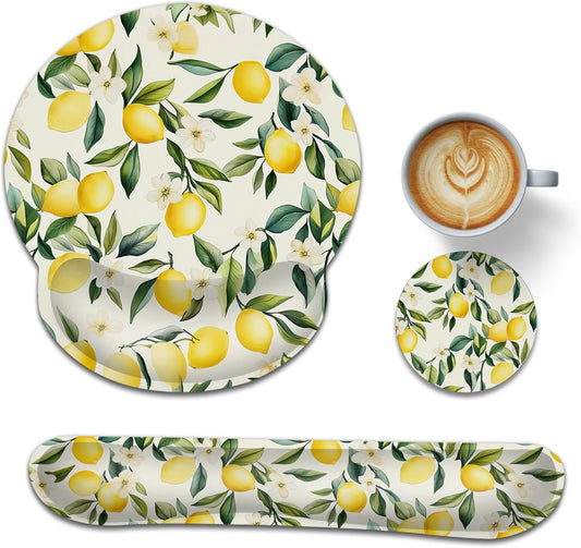 Lemon Blossom Ergonomic Memory Foam Wrist Rest Set for Keyboard and Mouse,Vintage Supportive Mouse Pad with Non Slip Base for Office Work and Gaming