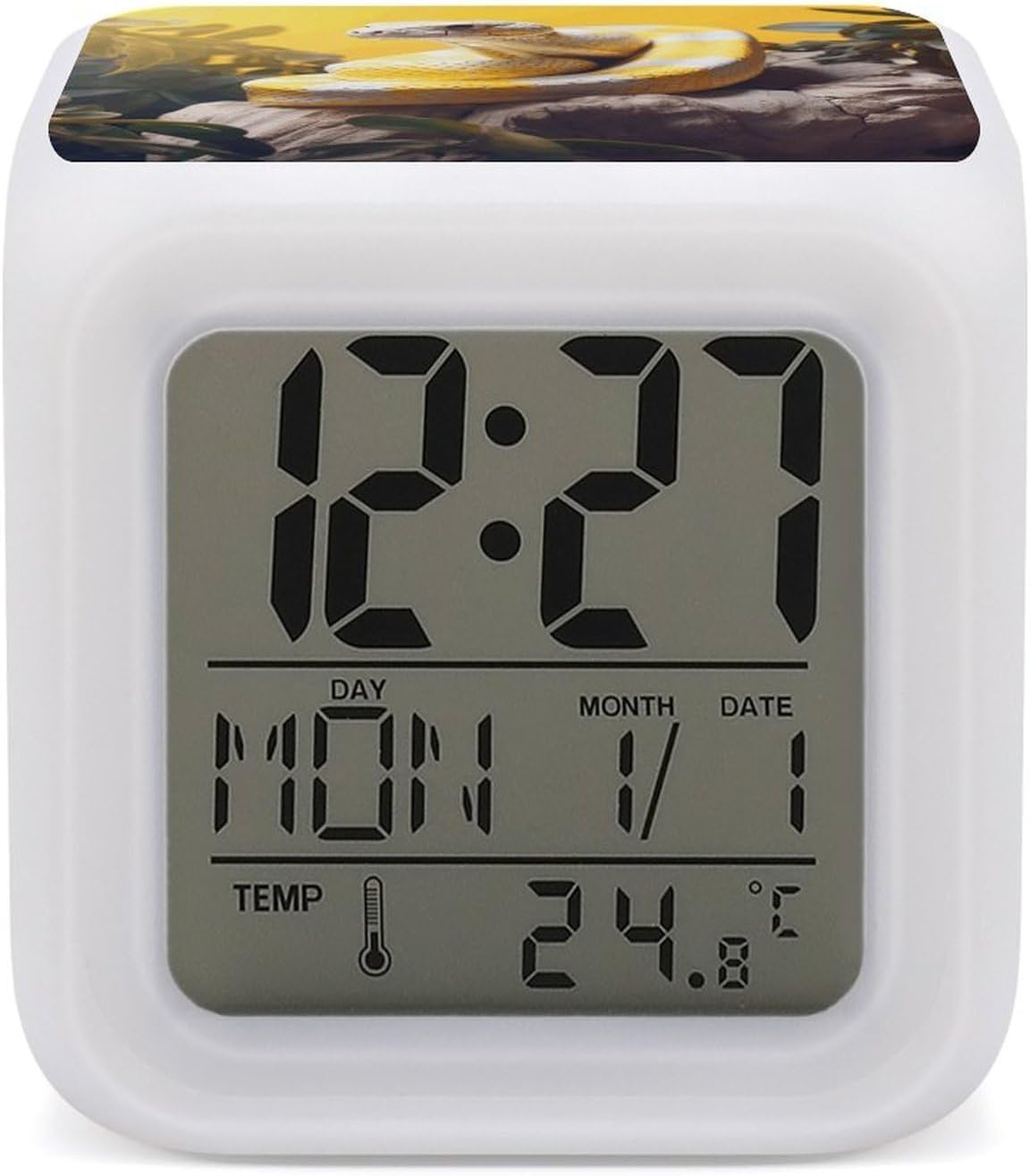 Cube Alarm Clock Creative 7 Colour LED Digital Clock with Temperature | Yellow And White Python Bedside Electronic Clock Battery Operated Mute Luminous Alarm Clock Adjustable Light