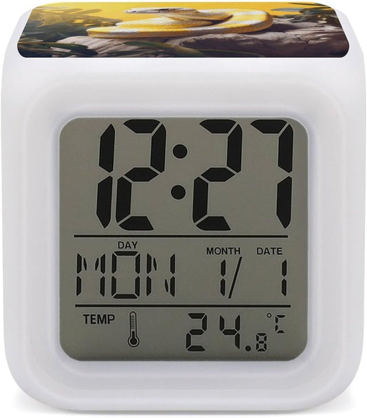 Cube Alarm Clock Creative 7 Colour LED Digital Clock with Temperature | Yellow And White Python Bedside Electronic Clock Battery Operated Mute Luminous Alarm Clock Adjustable Light
