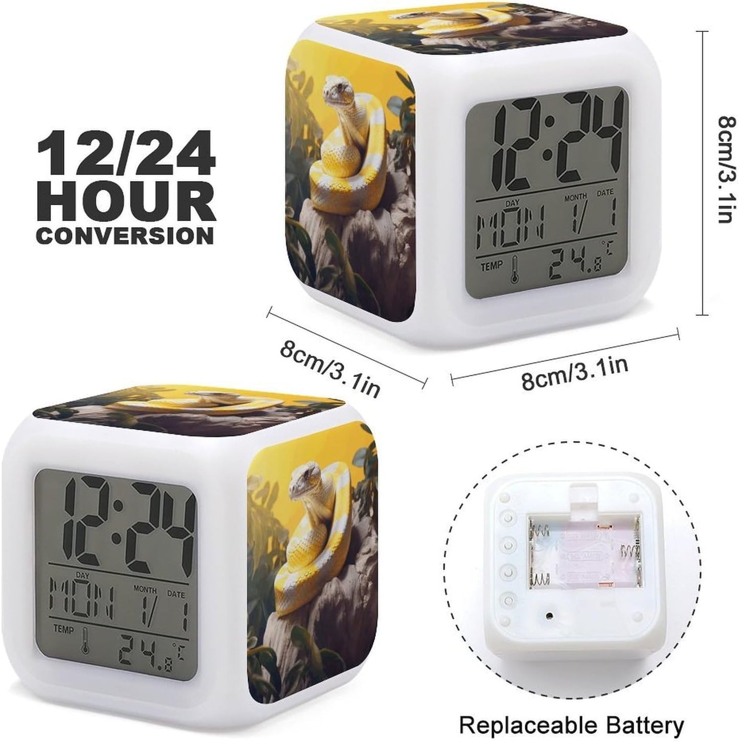 Cube Alarm Clock Creative 7 Colour LED Digital Clock with Temperature | Yellow And White Python Bedside Electronic Clock Battery Operated Mute Luminous Alarm Clock Adjustable Light