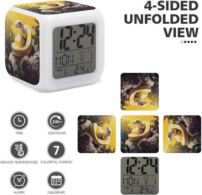 Cube Alarm Clock Creative 7 Colour LED Digital Clock with Temperature | Yellow And White Python Bedside Electronic Clock Battery Operated Mute Luminous Alarm Clock Adjustable Light