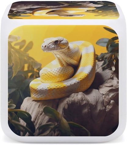 Cube Alarm Clock Creative 7 Colour LED Digital Clock with Temperature | Yellow And White Python Bedside Electronic Clock Battery Operated Mute Luminous Alarm Clock Adjustable Light