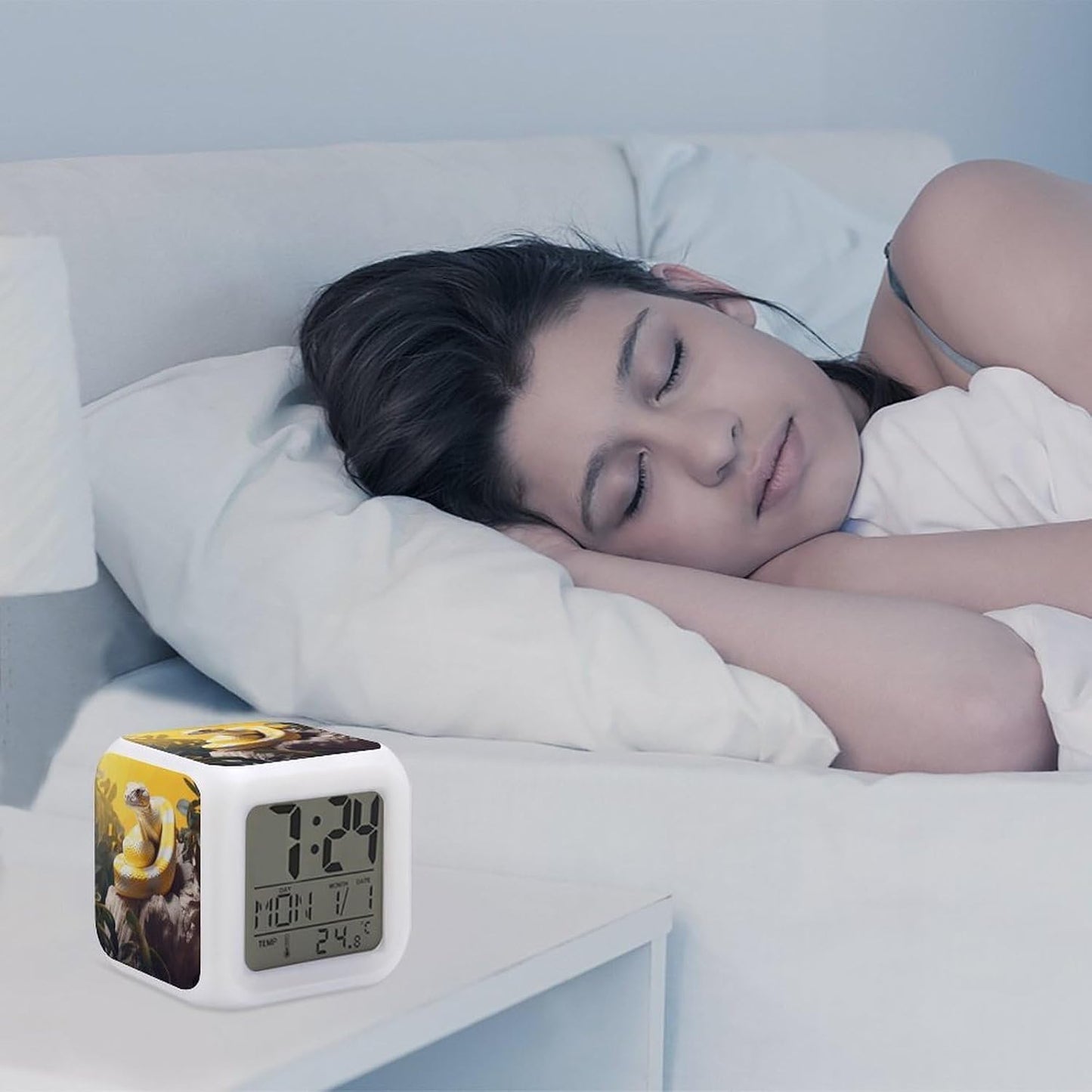 Cube Alarm Clock Creative 7 Colour LED Digital Clock with Temperature | Yellow And White Python Bedside Electronic Clock Battery Operated Mute Luminous Alarm Clock Adjustable Light
