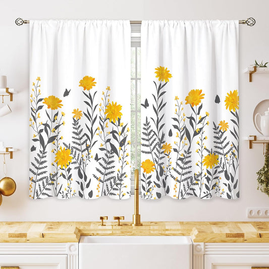 Yellow & Gray Flower Small Kitchen Curtains Floral Window Treatment Wildflower Rod Pocket Cafe Short Window Curtains for Bathroom Dining Laundry Room Plant Tier Treatment Drapes 27.5x39 inch