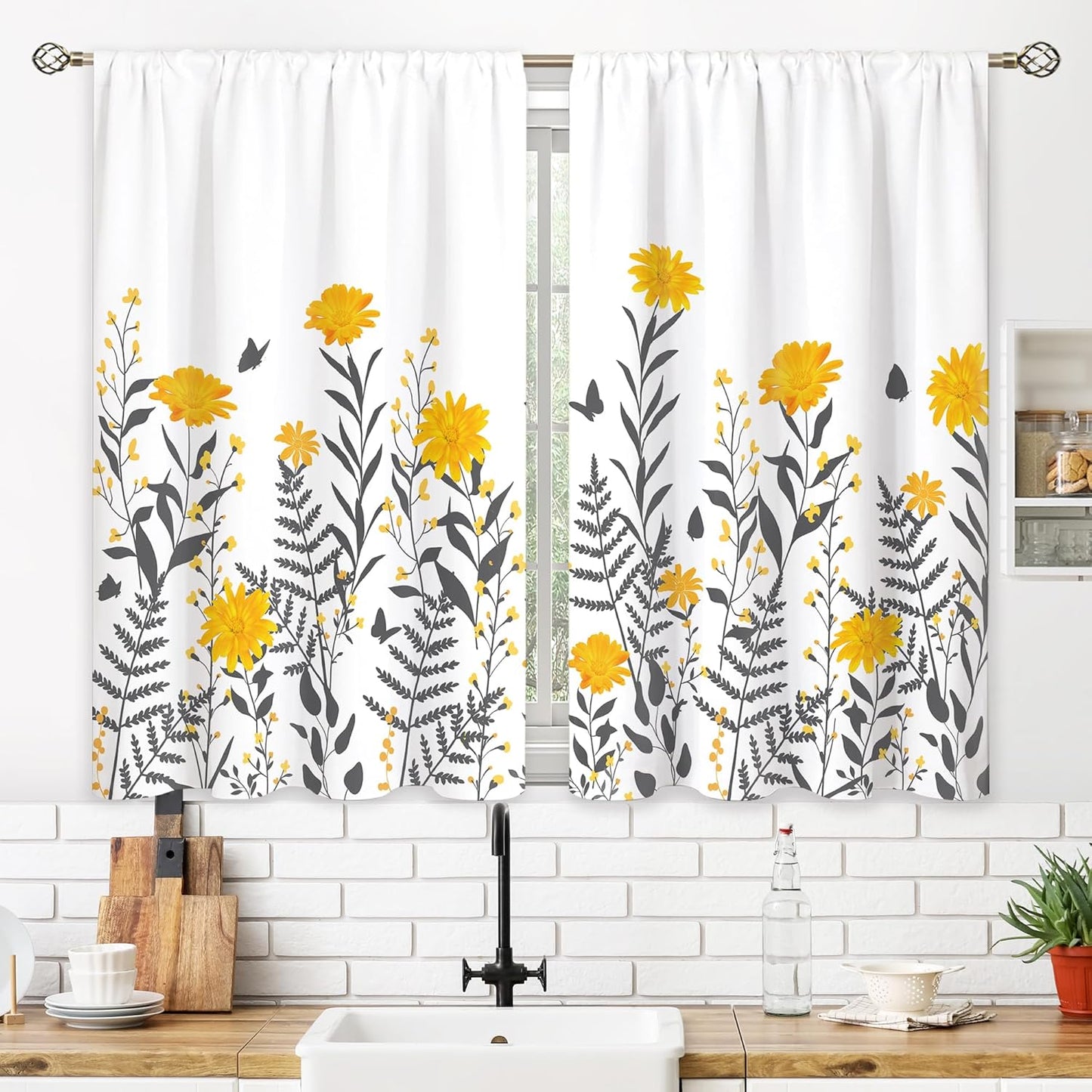 Yellow & Gray Flower Small Kitchen Curtains Floral Window Treatment Wildflower Rod Pocket Cafe Short Window Curtains for Bathroom Dining Laundry Room Plant Tier Treatment Drapes 27.5x39 inch