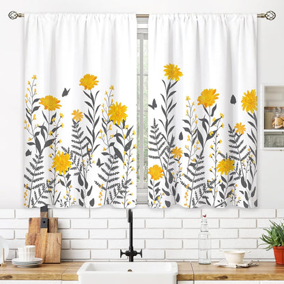 Yellow & Gray Flower Small Kitchen Curtains Floral Window Treatment Wildflower Rod Pocket Cafe Short Window Curtains for Bathroom Dining Laundry Room Plant Tier Treatment Drapes 27.5x39 inch