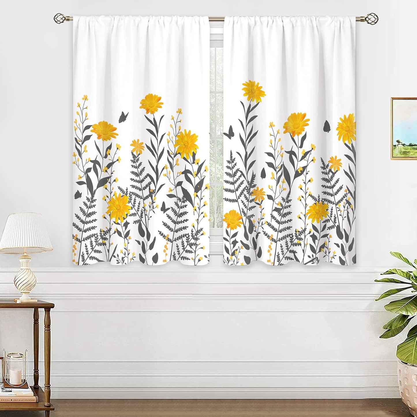 Yellow & Gray Flower Small Kitchen Curtains Floral Window Treatment Wildflower Rod Pocket Cafe Short Window Curtains for Bathroom Dining Laundry Room Plant Tier Treatment Drapes 27.5x39 inch