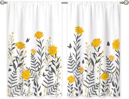 Yellow & Gray Flower Small Kitchen Curtains Floral Window Treatment Wildflower Rod Pocket Cafe Short Window Curtains for Bathroom Dining Laundry Room Plant Tier Treatment Drapes 27.5x39 inch