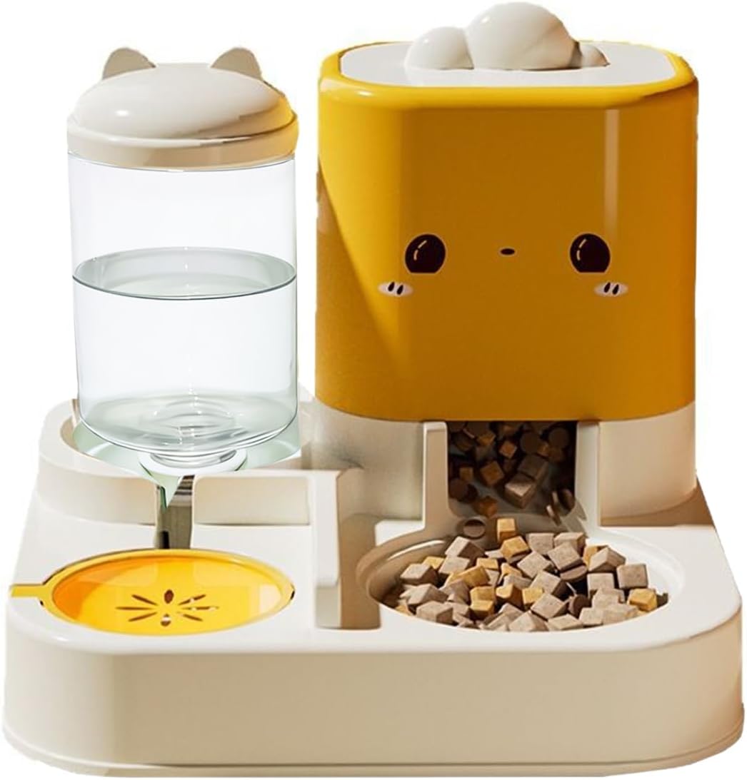 Pet Automatic Feeder Dog Cat Feeding Bowl and Water Dispenser with Refillable Storage Container Large Capacity Rabbit Feeder Watering (Yellow)