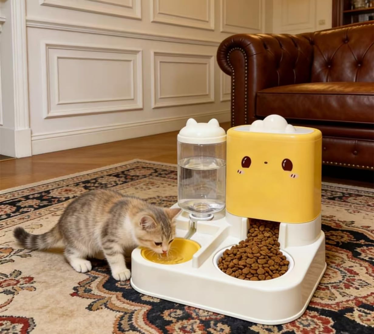 Pet Automatic Feeder Dog Cat Feeding Bowl and Water Dispenser with Refillable Storage Container Large Capacity Rabbit Feeder Watering (Yellow)