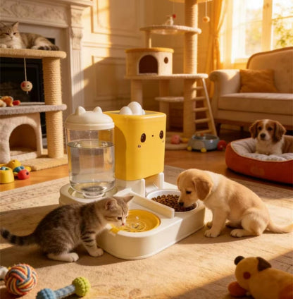 Pet Automatic Feeder Dog Cat Feeding Bowl and Water Dispenser with Refillable Storage Container Large Capacity Rabbit Feeder Watering (Yellow)