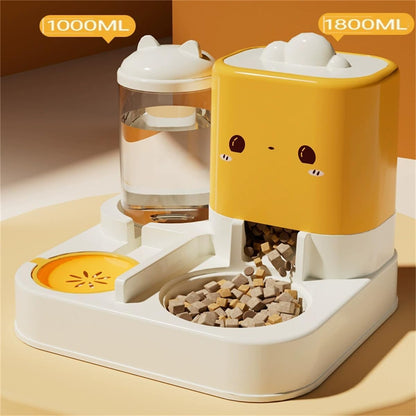 Pet Automatic Feeder Dog Cat Feeding Bowl and Water Dispenser with Refillable Storage Container Large Capacity Rabbit Feeder Watering (Yellow)