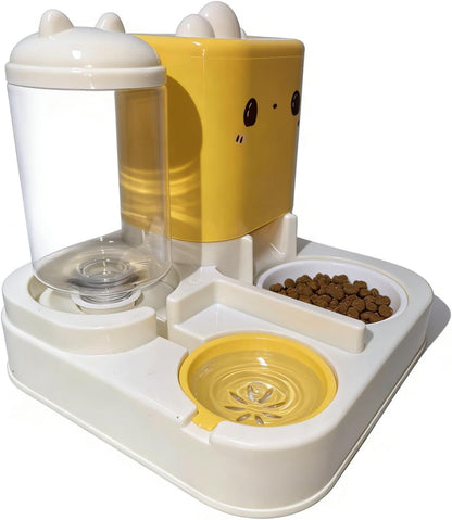 Pet Automatic Feeder Dog Cat Feeding Bowl and Water Dispenser with Refillable Storage Container Large Capacity Rabbit Feeder Watering (Yellow)