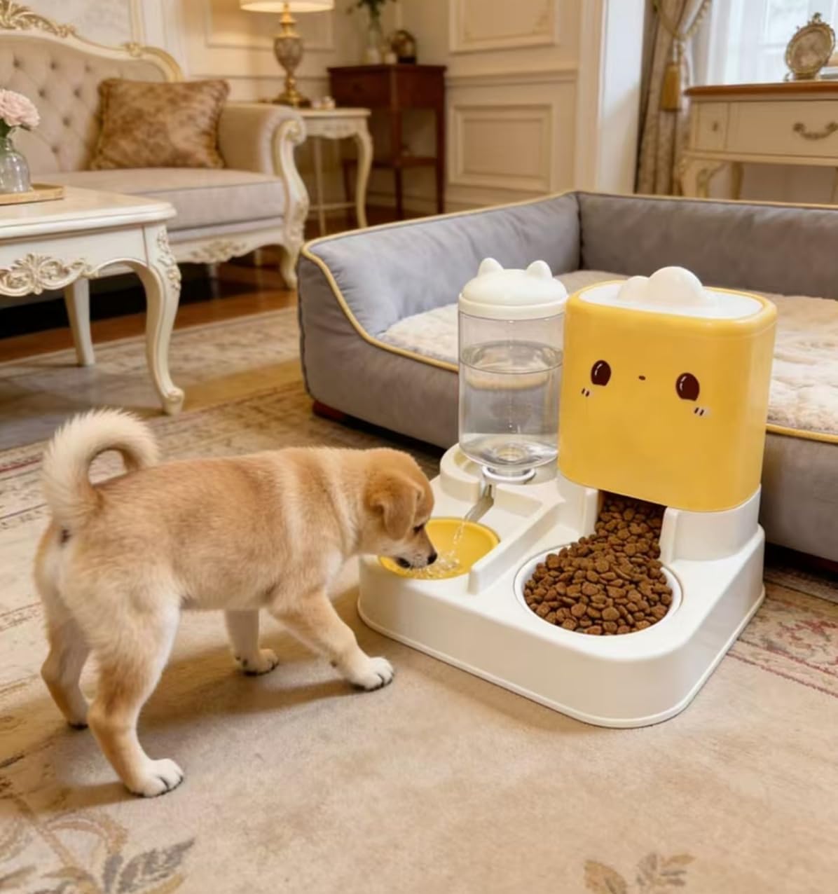 Pet Automatic Feeder Dog Cat Feeding Bowl and Water Dispenser with Refillable Storage Container Large Capacity Rabbit Feeder Watering (Yellow)