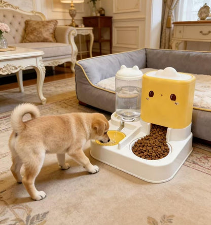 Pet Automatic Feeder Dog Cat Feeding Bowl and Water Dispenser with Refillable Storage Container Large Capacity Rabbit Feeder Watering (Yellow)