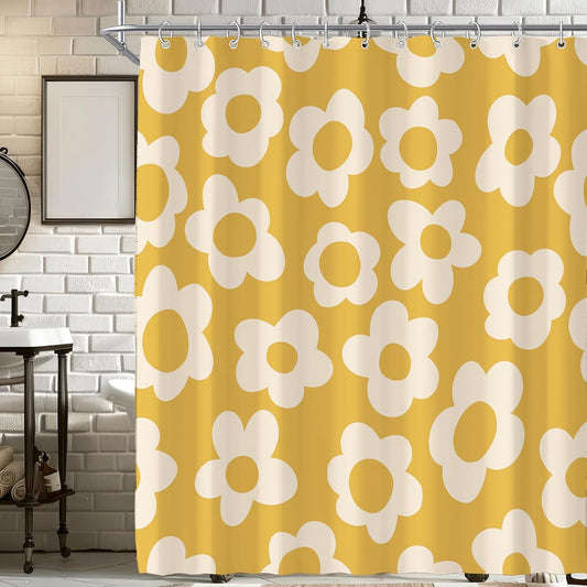 Yellow Cute Retro Floral Abstract Flower Shower Curtain for Bathroom 72W*72H Inch 70s Lovely Vintage Aesthetic Funky Bathtub Decor Modern Trendy Waterproof Polyester Fabric Set with 12 Hooks
